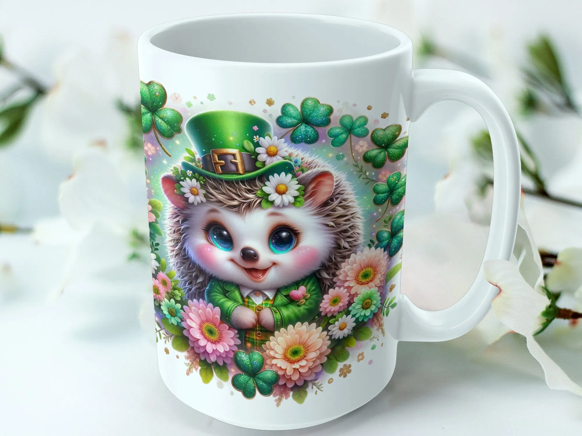 Cute St. Patrick's Day Hedgehog Mug, Floral Green Clover Hedgehog Coffee Cup, Adorable Animal Tea Mug, Lucky Charm Gift