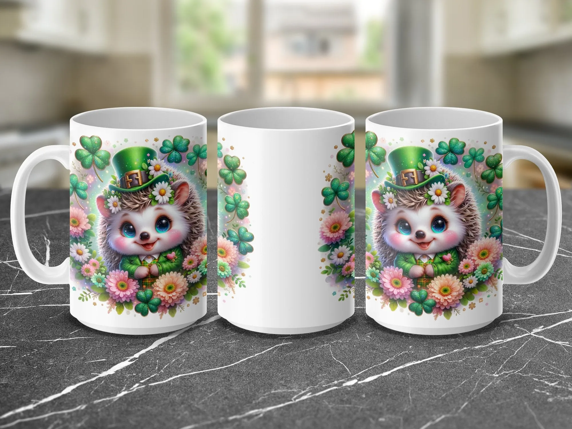 Cute St. Patrick's Day Hedgehog Mug, Floral Green Clover Hedgehog Coffee Cup, Adorable Animal Tea Mug, Lucky Charm Gift