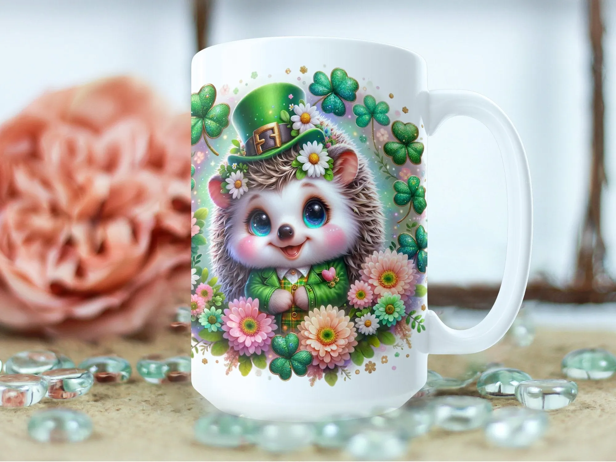 Cute St. Patrick's Day Hedgehog Mug, Floral Green Clover Hedgehog Coffee Cup, Adorable Animal Tea Mug, Lucky Charm Gift