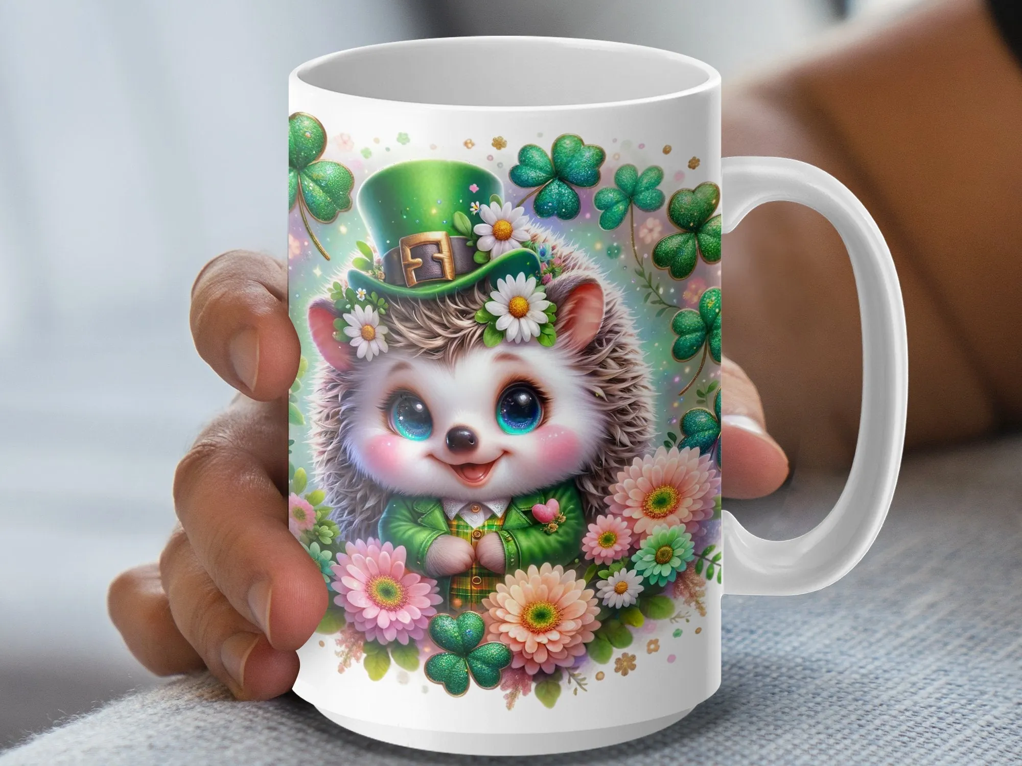 Cute St. Patrick's Day Hedgehog Mug, Floral Green Clover Hedgehog Coffee Cup, Adorable Animal Tea Mug, Lucky Charm Gift