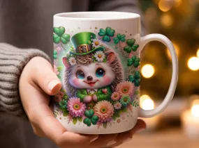 Cute St. Patrick's Day Hedgehog Mug, Floral Green Clover Hedgehog Coffee Cup, Adorable Animal Tea Mug, Lucky Charm Gift