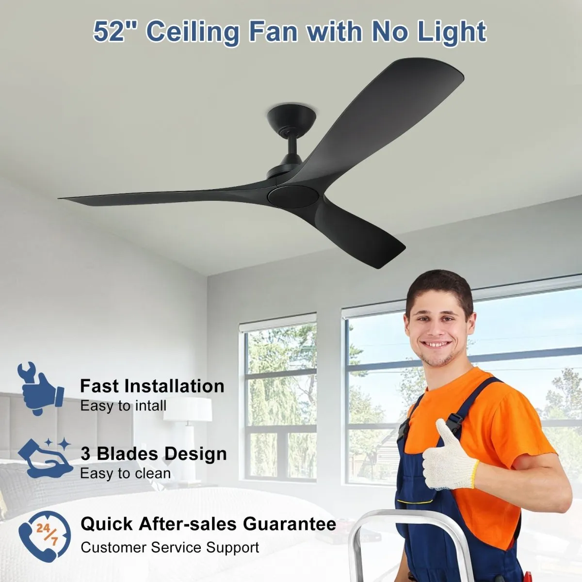 Depuley 52" Modern Ceiling Fan No Light with Remote, Indoor/Outdoor Ceiling Fan Without Light, 3 Blade Low Profile Fan for Patios/Farmhouse Reversible DC Motor, 2 Downrods, Quiet Energy Saving, Black