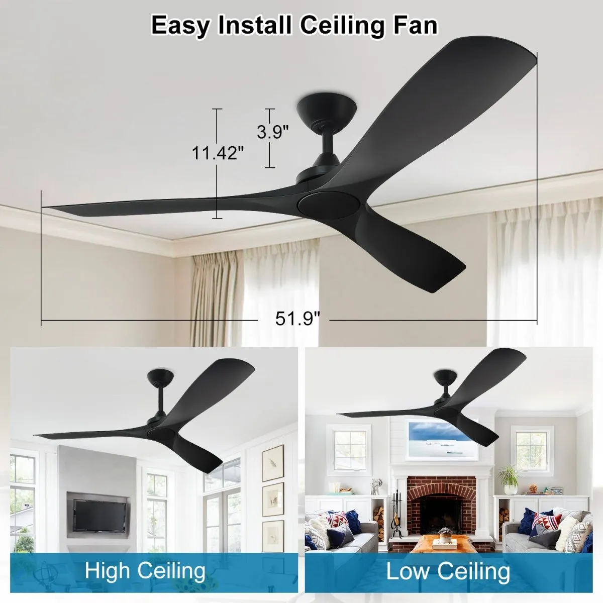 Depuley 52" Modern Ceiling Fan No Light with Remote, Indoor/Outdoor Ceiling Fan Without Light, 3 Blade Low Profile Fan for Patios/Farmhouse Reversible DC Motor, 2 Downrods, Quiet Energy Saving, Black