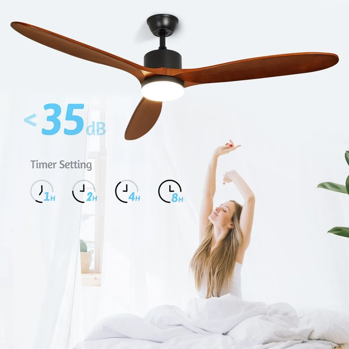 Depuley 60" Ceiling Fan with Light,Indoor Outdoor Wood Ceiling Fan with Remote, Low Profile Fan with 3 Rubber Wood Blades, Noiseless AC Motor Ceiling Fans for Living Room Bedroom Porch, 1/2/4/8 Timer