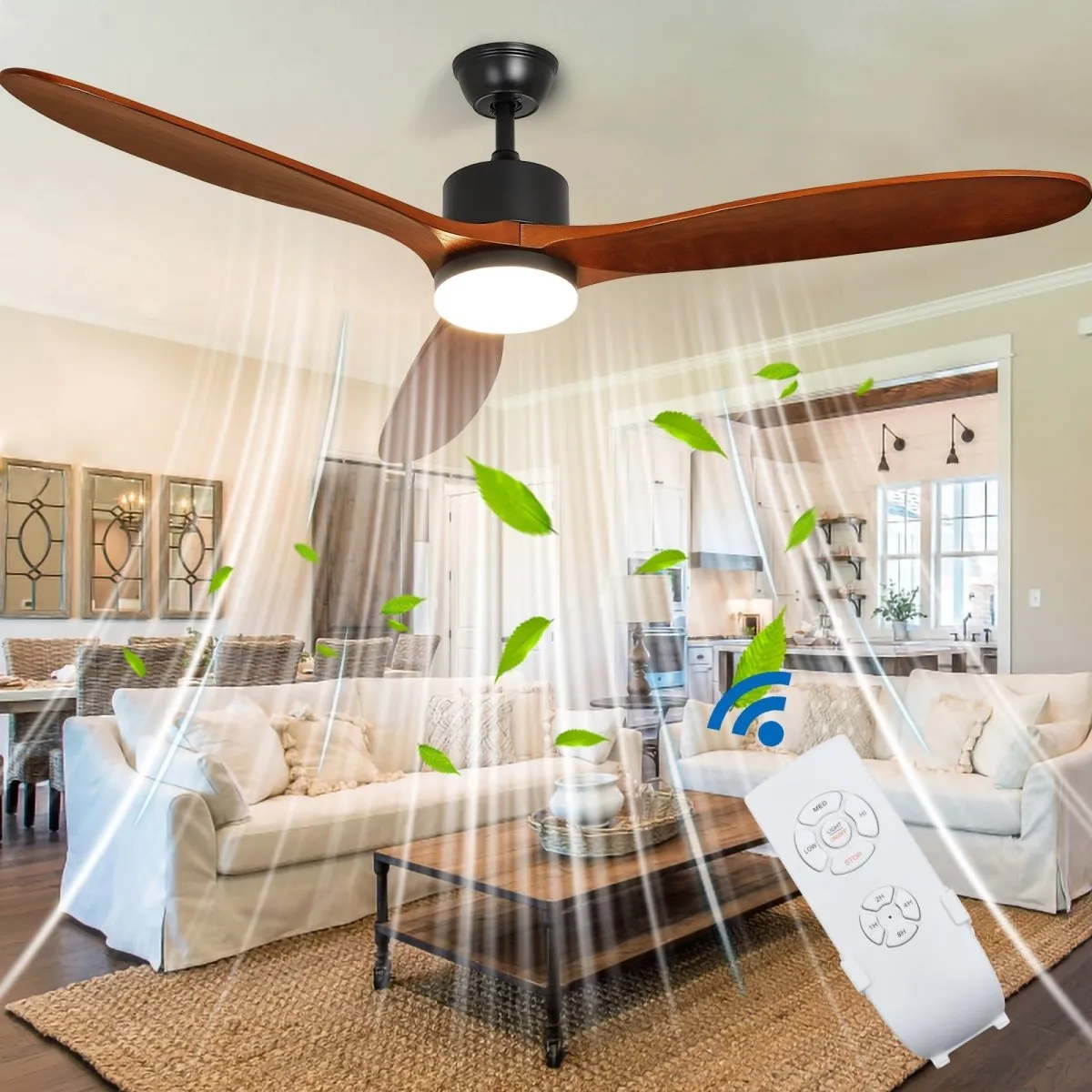 Depuley 60" Ceiling Fan with Light,Indoor Outdoor Wood Ceiling Fan with Remote, Low Profile Fan with 3 Rubber Wood Blades, Noiseless AC Motor Ceiling Fans for Living Room Bedroom Porch, 1/2/4/8 Timer