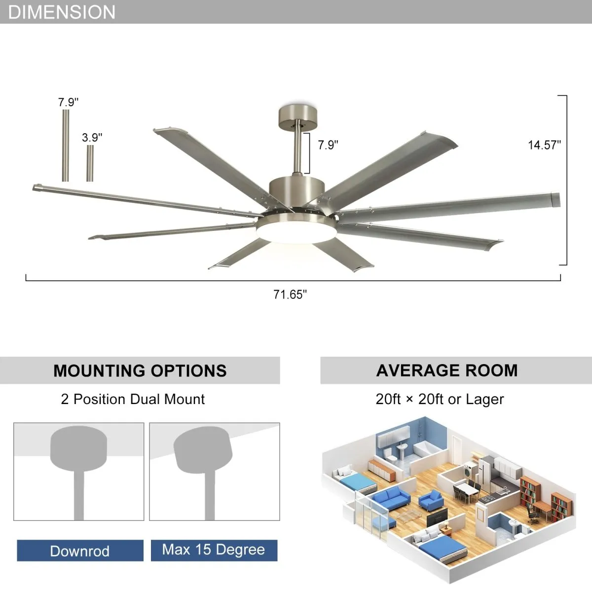 Depuley 72" Large Ceiling Fans with Light and remote, Modern Nickel Reversible Ceiling Fan with Light LED and 8 Aluminum Blades, Outdoor DC Ceiling Fans with 6-Speed for Covered Patios, 3CCT, Timer