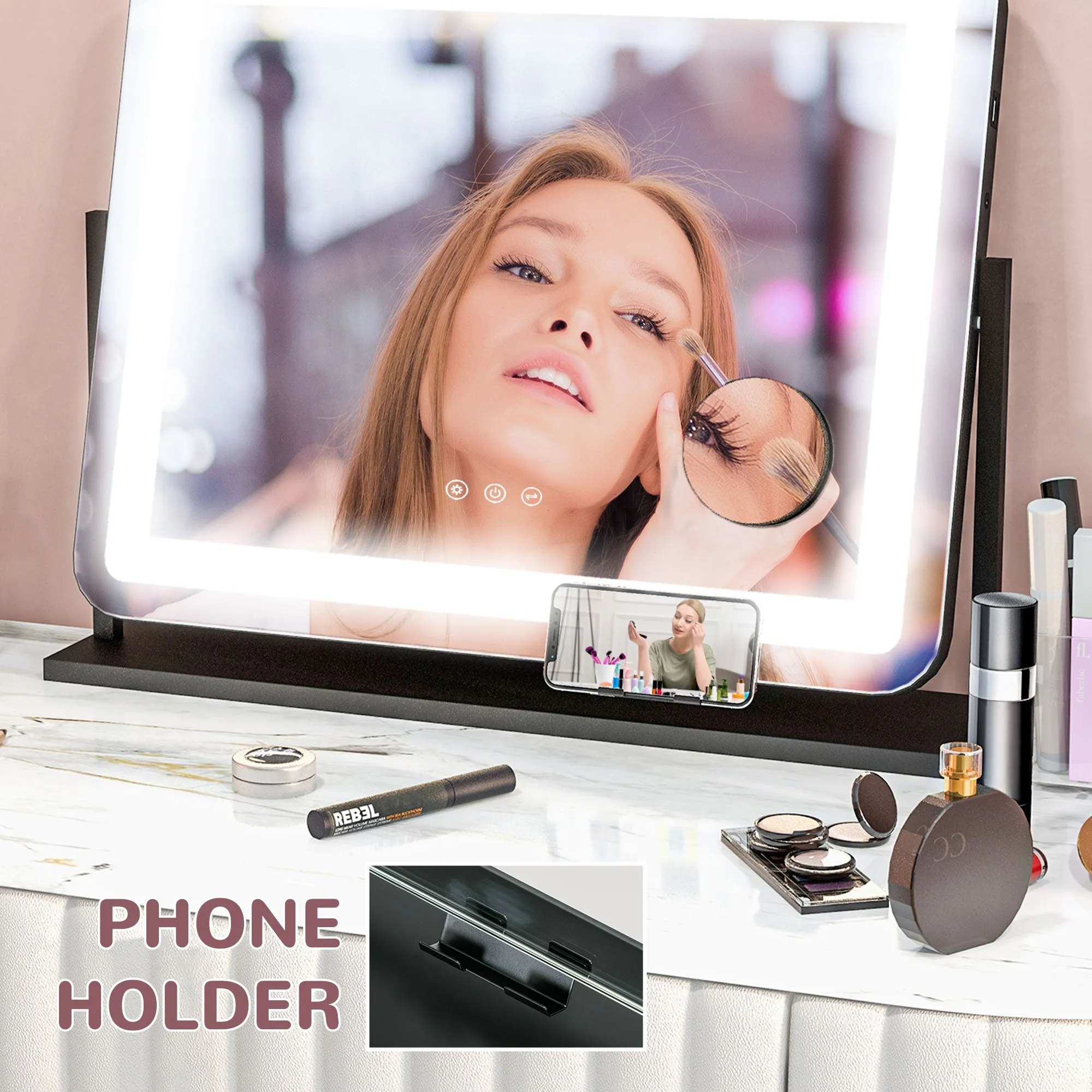 Dimmable Lighted Makeup Mirror with Magnifier, USB Port, 360° Rotation