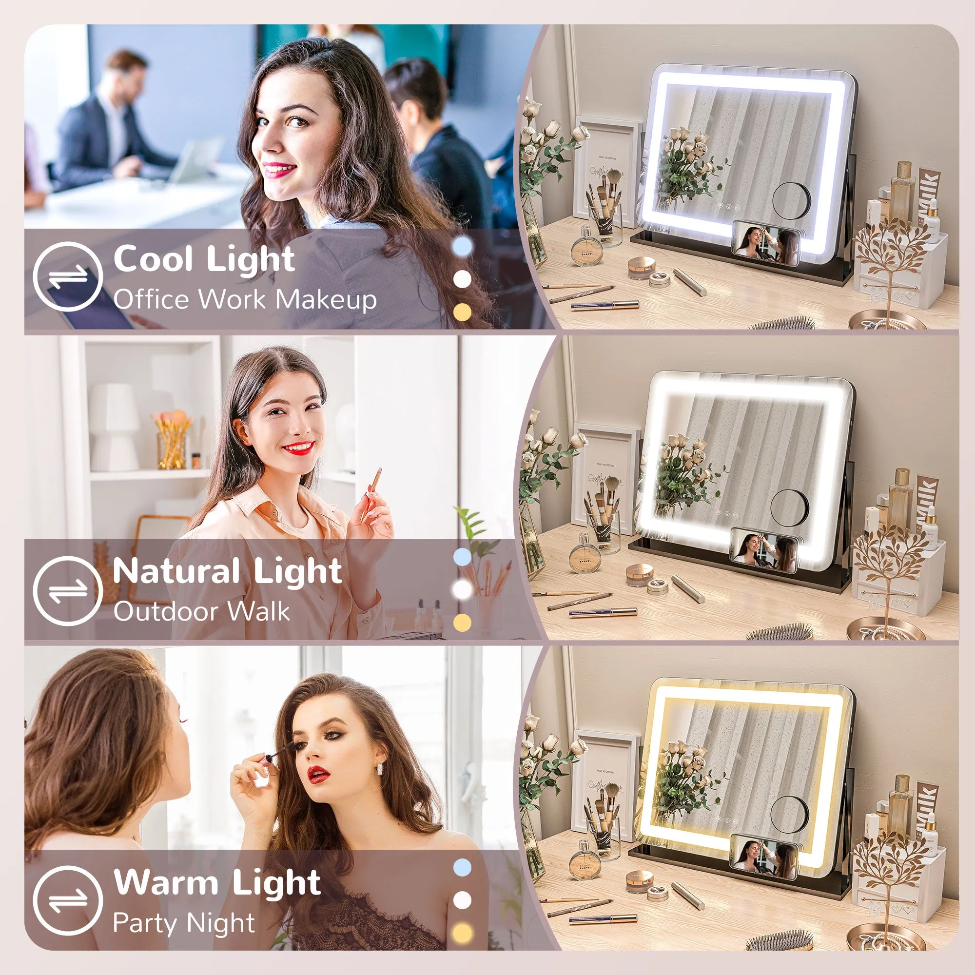 Dimmable Lighted Makeup Mirror with Magnifier, USB Port, 360° Rotation