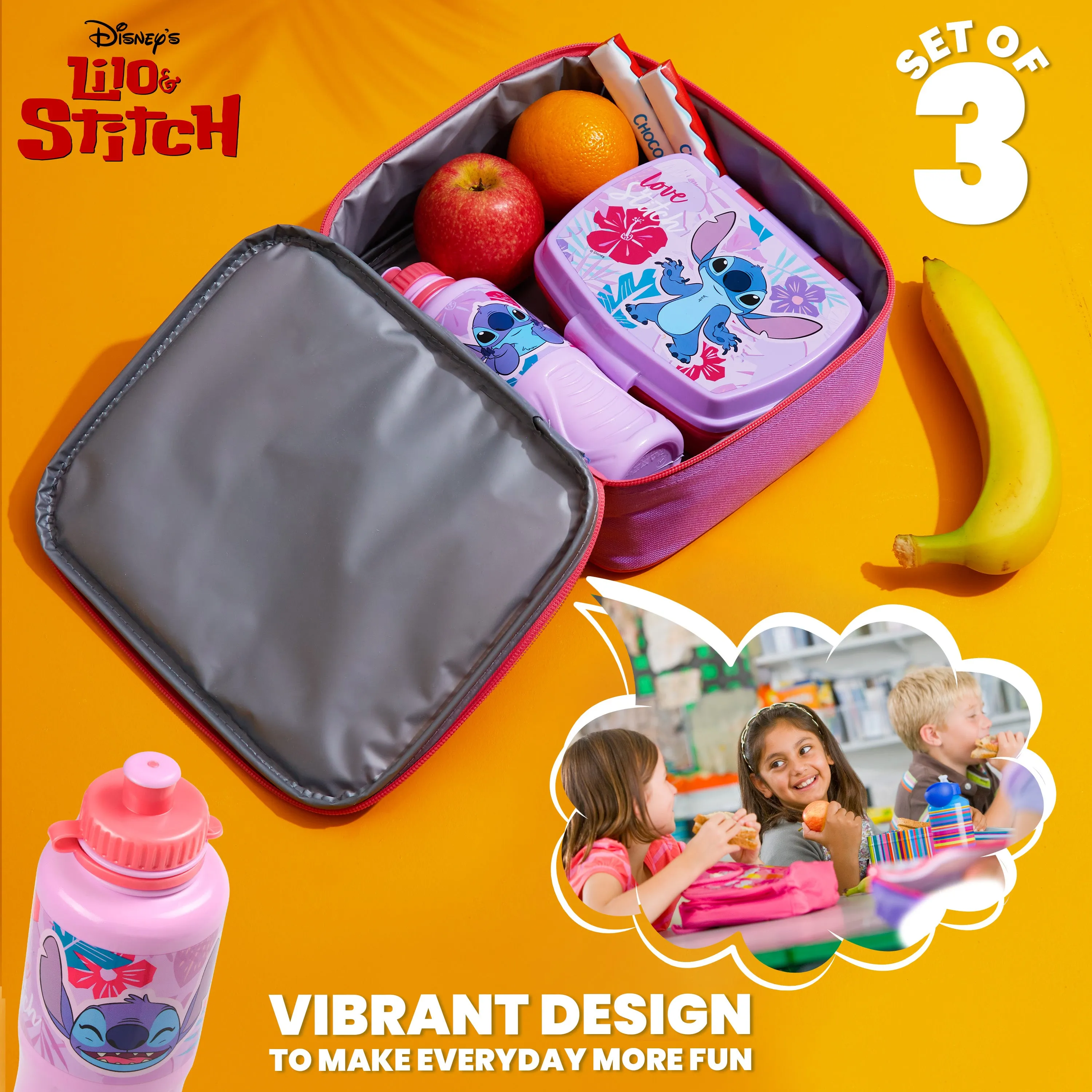 Disney Stitch Kids Lunch Box 3 Piece Set Insulated Lunch Bag Snack Box BPA Free 430ml Water Bott