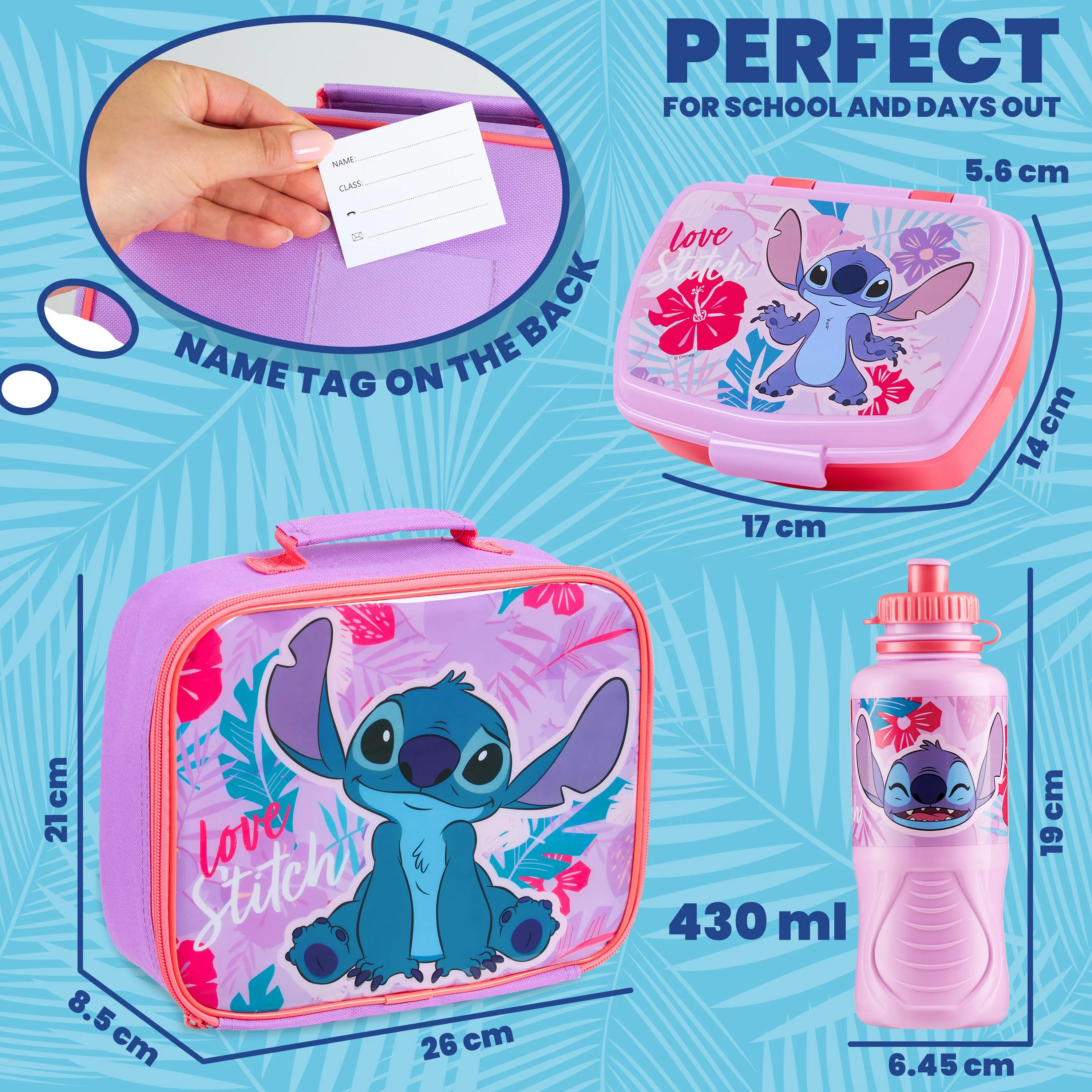 Disney Stitch Kids Lunch Box 3 Piece Set Insulated Lunch Bag Snack Box BPA Free 430ml Water Bott