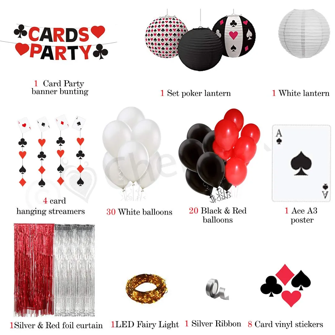 Diwali Card Party Decoration Kit :Poker Lantern, Foil Curtain, Card Hanging, Ace Card Poster, Vinyl Card Sticker & Led Light 71Pc Festive Kit