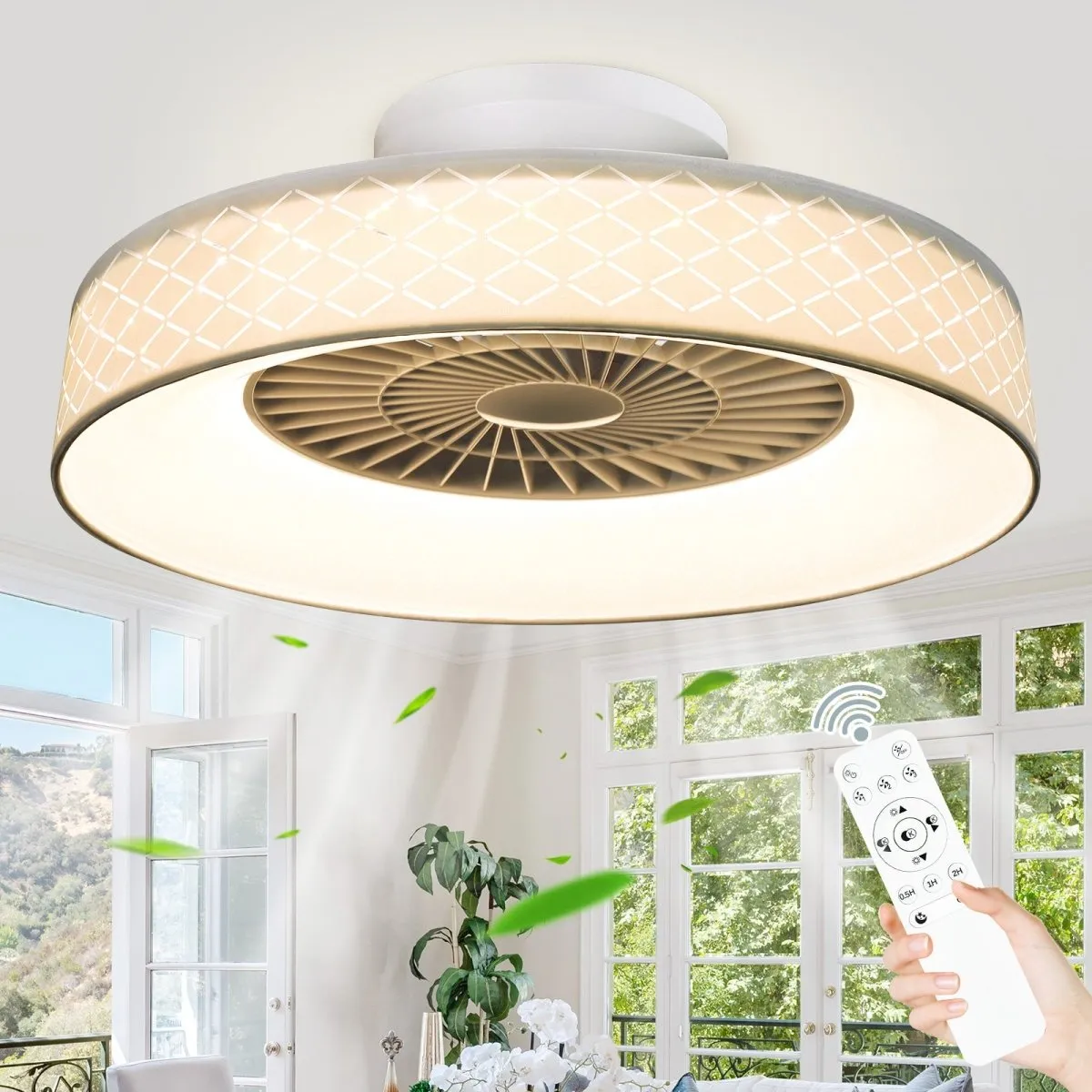 DLLT Low Profile Ceiling Fan with Light, 22'' / 18'' LED Dimmable Ceiling Fans with Lights and Remote, Modern Bladeless Enclosed Ceiling Fan Flush Mount with Reverse Motor for Bedroom Living Room, White Argyle