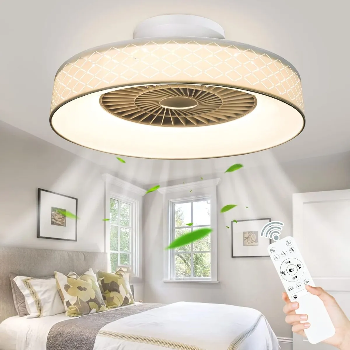 DLLT Low Profile Ceiling Fan with Light, 22'' / 18'' LED Dimmable Ceiling Fans with Lights and Remote, Modern Bladeless Enclosed Ceiling Fan Flush Mount with Reverse Motor for Bedroom Living Room, White Argyle