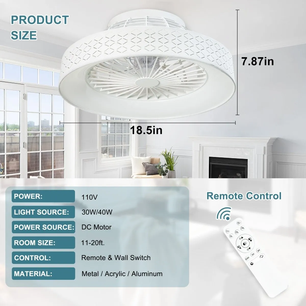 DLLT Low Profile Ceiling Fan with Light, 22'' / 18'' LED Dimmable Ceiling Fans with Lights and Remote, Modern Bladeless Enclosed Ceiling Fan Flush Mount with Reverse Motor for Bedroom Living Room, White Argyle