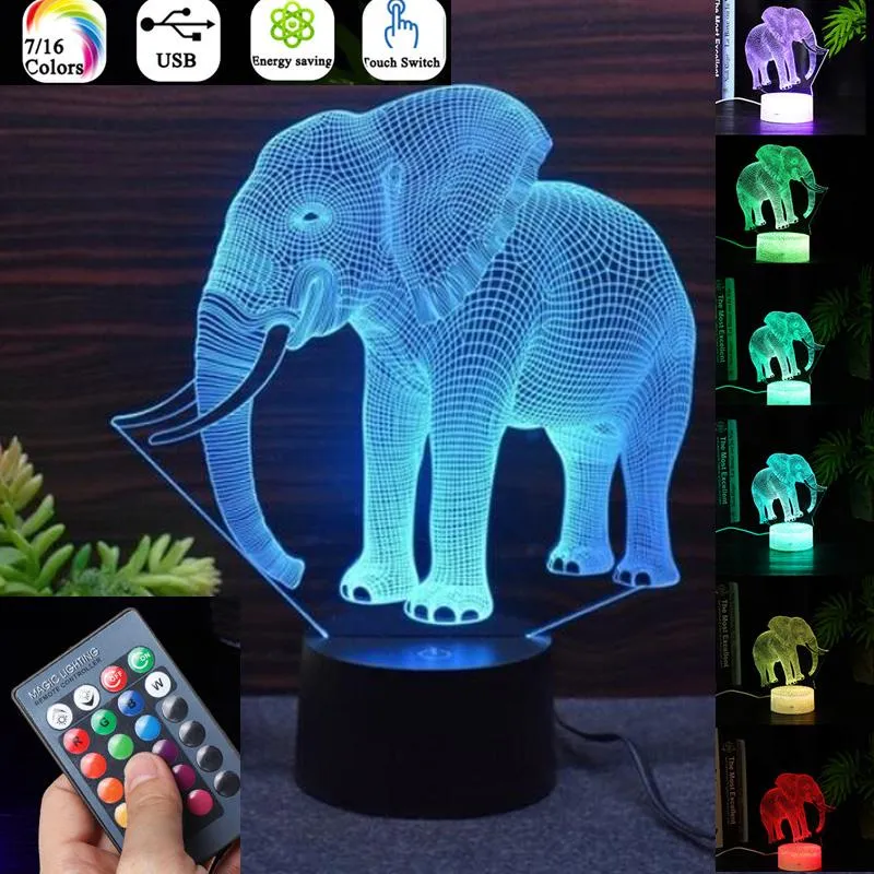 Elephant Model Remote Control 3D LED 7/16 Colors Touch Switch Colorful Visual Light Night Light