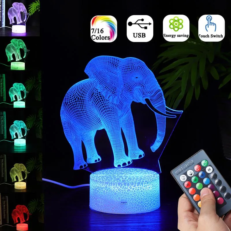 Elephant Model Remote Control 3D LED 7/16 Colors Touch Switch Colorful Visual Light Night Light