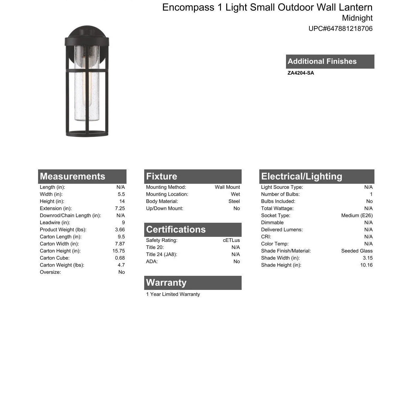 Encompass 1 Light Small Outdoor Wall Lantern in Midnight