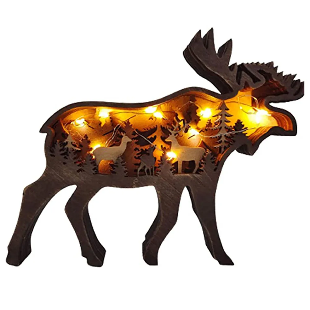 Forest Animal Wooden Tabletop Ornament with LED Light for Home Decoration