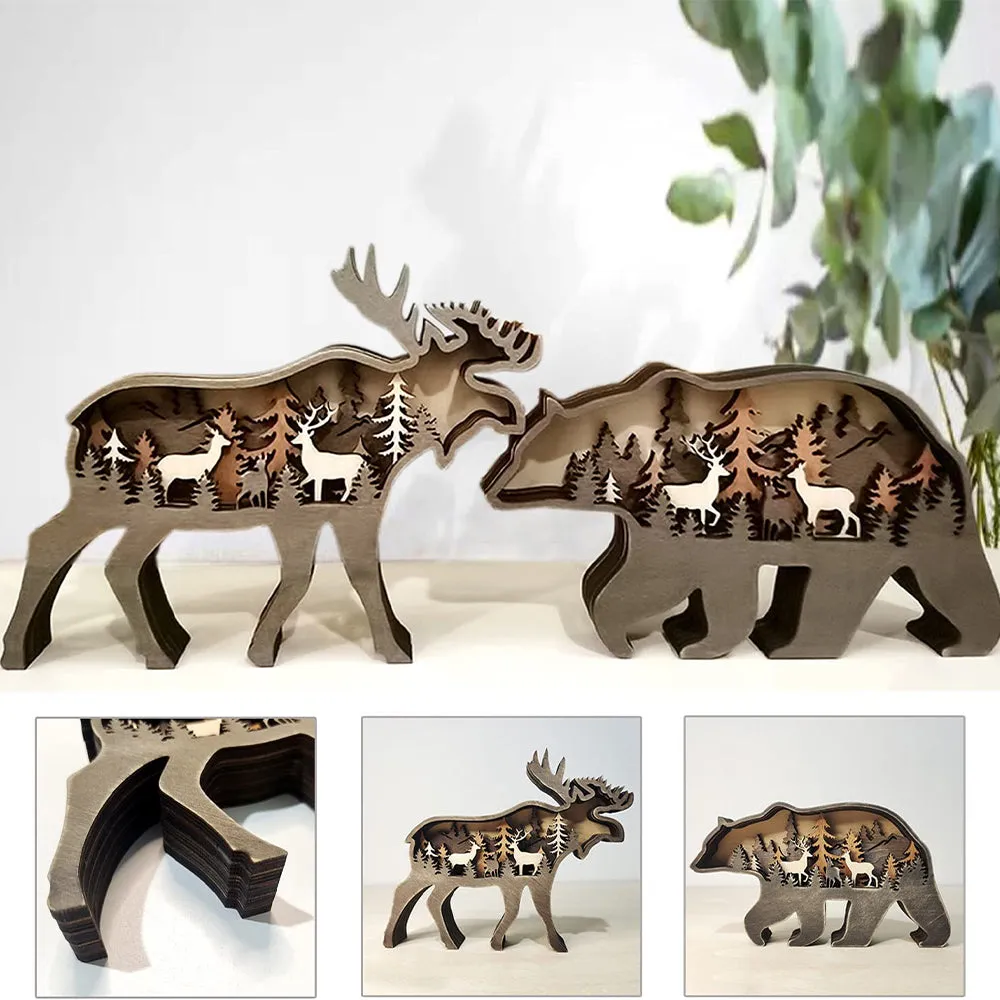 Forest Animal Wooden Tabletop Ornament with LED Light for Home Decoration