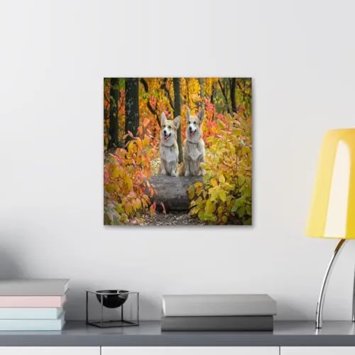 GADGETS WRAP Canvas Gallery Wrap Framed for Home Office Studio Living Room Decoration (10x10inch) - Two Dogs On Autumn Trees