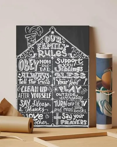 GADGETS WRAP Canvas Gallery Wrap Framed for Home Office Studio Living Room Decoration (11x14inch) - Family Rules Chalk Board Vector