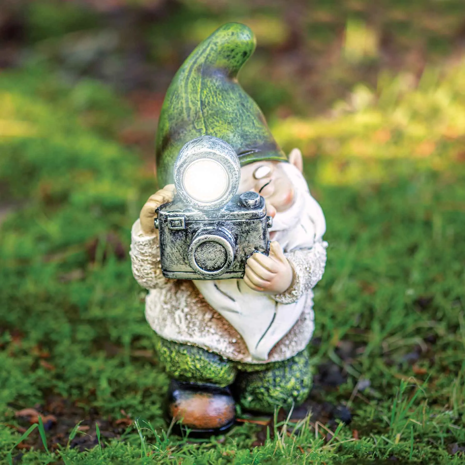 Gnome with Camera- Solar Garden Statue