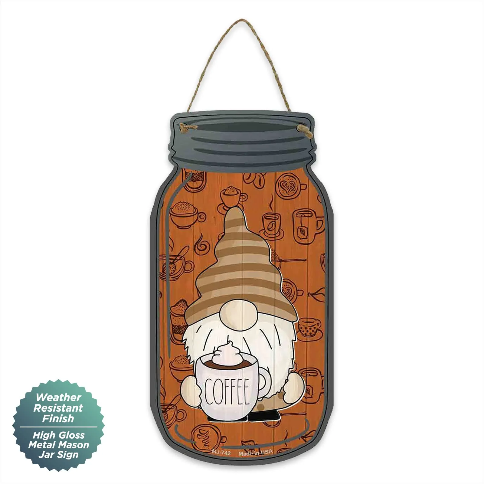 Gnome With Coffee Mug Novelty Metal Mason Jar Sign 4" x 8"