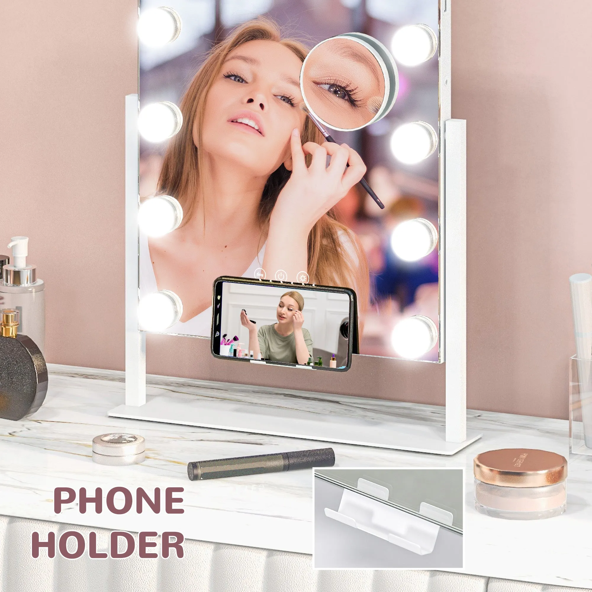 Hollywood Lighted Makeup Mirror with Magnifier, USB Port, Phone Holder