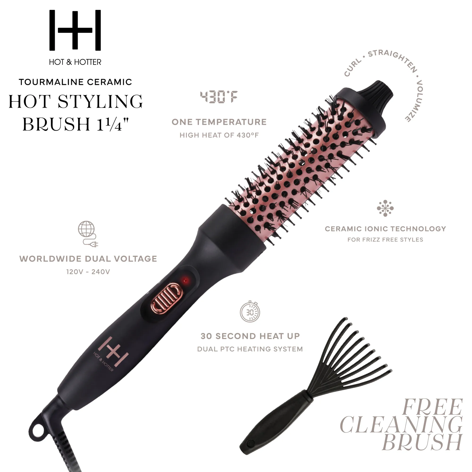 Hot & Hotter Tourmaline Ceramic Hot Styling Brush 1.25" Black