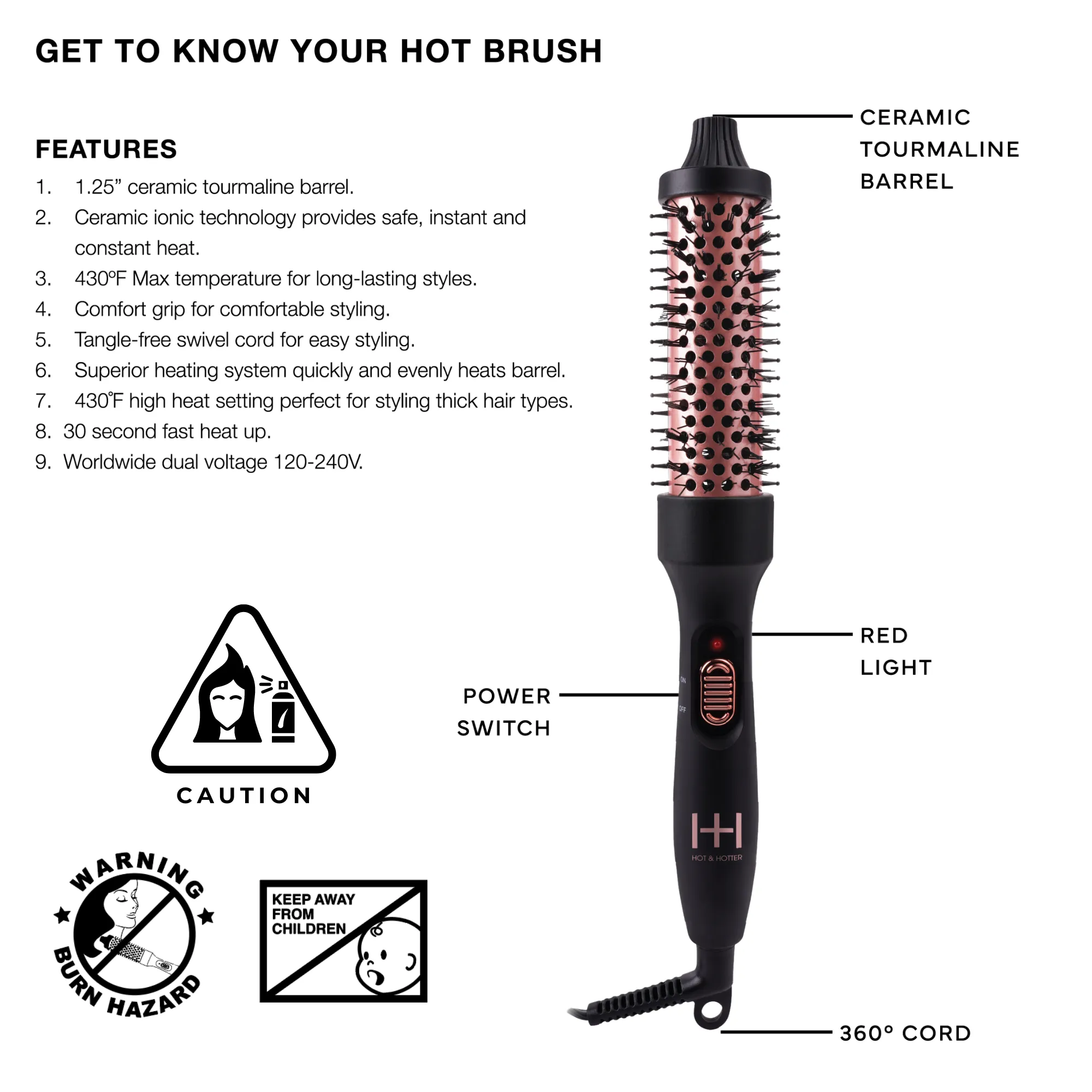 Hot & Hotter Tourmaline Ceramic Hot Styling Brush 1.25" Black