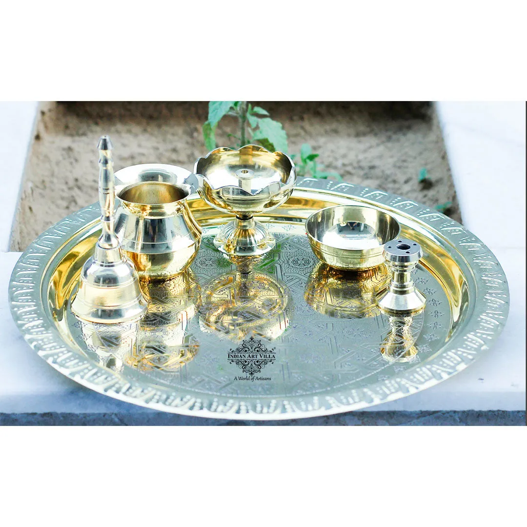 Indian Art Villa Brass Handmade Embossed Pooja Thali Set, Spiritual Item , 26.67 cm