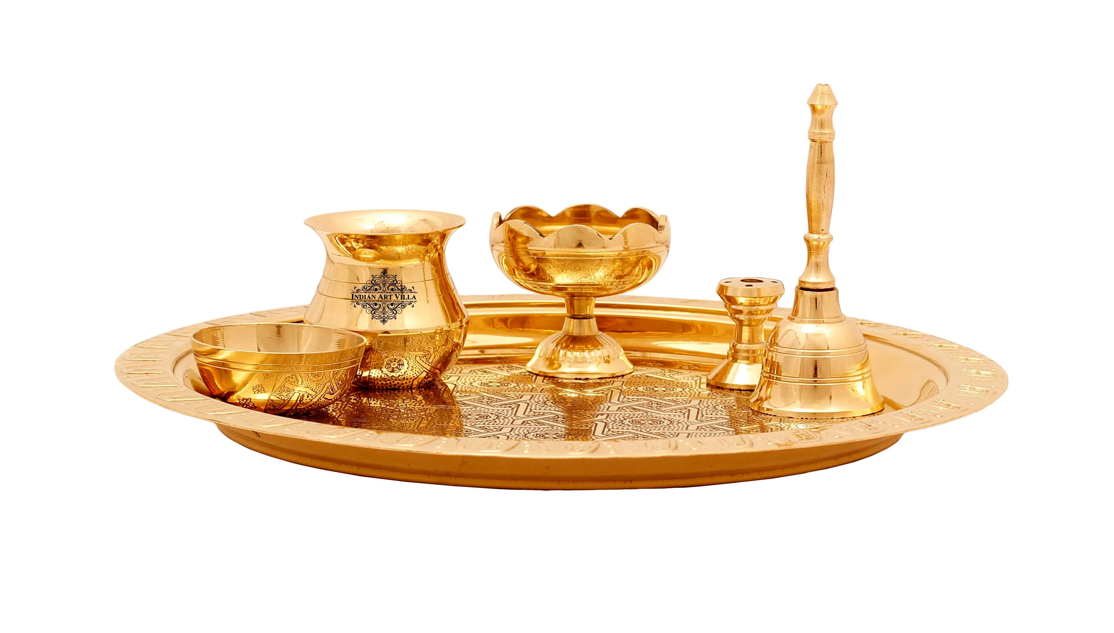 Indian Art Villa Brass Handmade Embossed Pooja Thali Set, Spiritual Item , 26.67 cm