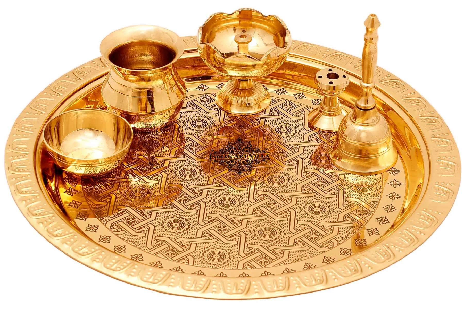 Indian Art Villa Brass Handmade Embossed Pooja Thali Set, Spiritual Item , 26.67 cm