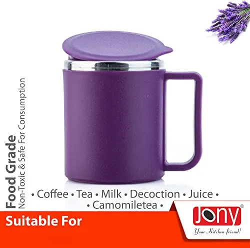 Jony Coffee Mug, Tea Cup, Stainless Steel Mug, Steel Cup with Lid (Purple, 200 ml)