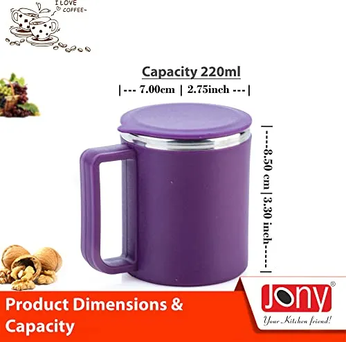 Jony Coffee Mug, Tea Cup, Stainless Steel Mug, Steel Cup with Lid (Purple, 200 ml)