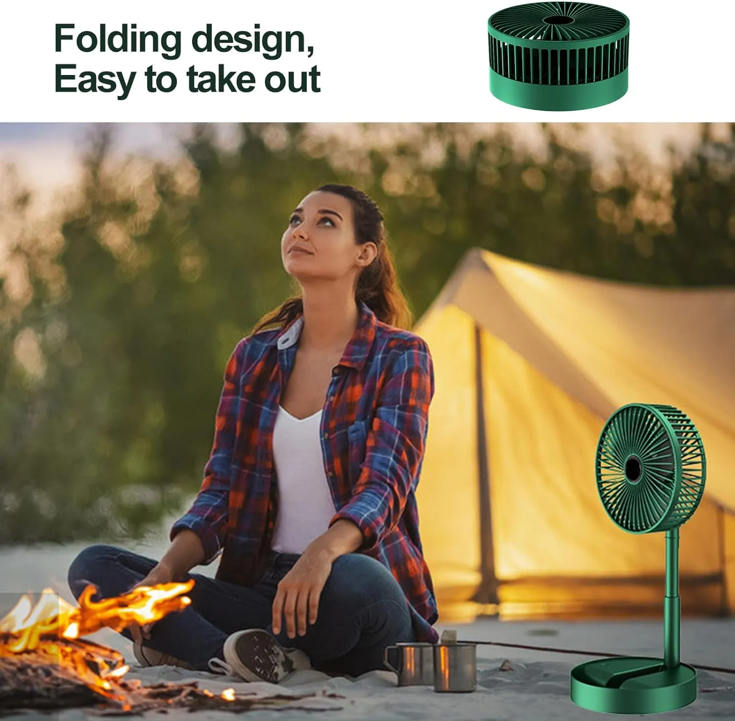 Kawachi Folding Fan Quiet 3- Speed Wind Highly Stretchable Simulated Natural Wind 180 ° Adjustment Battery Powered or USB Powered Home Desk Bedroom Portable Travel Mini Decorative Fan- KAWY-6-Green