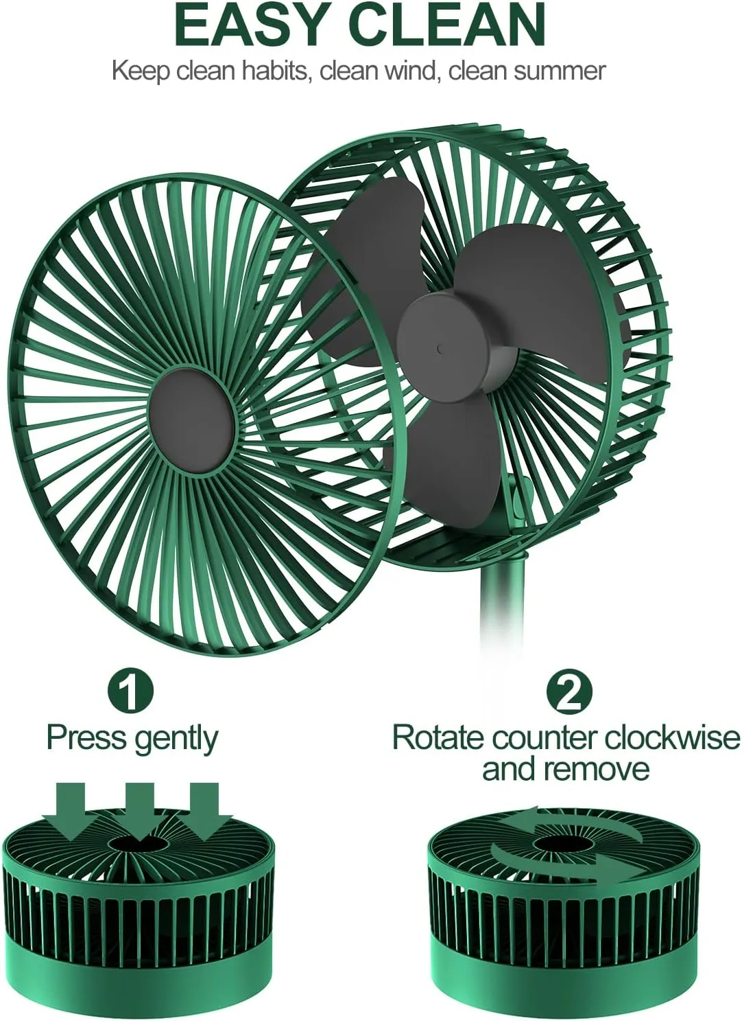 Kawachi Folding Fan Quiet 3- Speed Wind Highly Stretchable Simulated Natural Wind 180 ° Adjustment Battery Powered or USB Powered Home Desk Bedroom Portable Travel Mini Decorative Fan- KAWY-6-Green