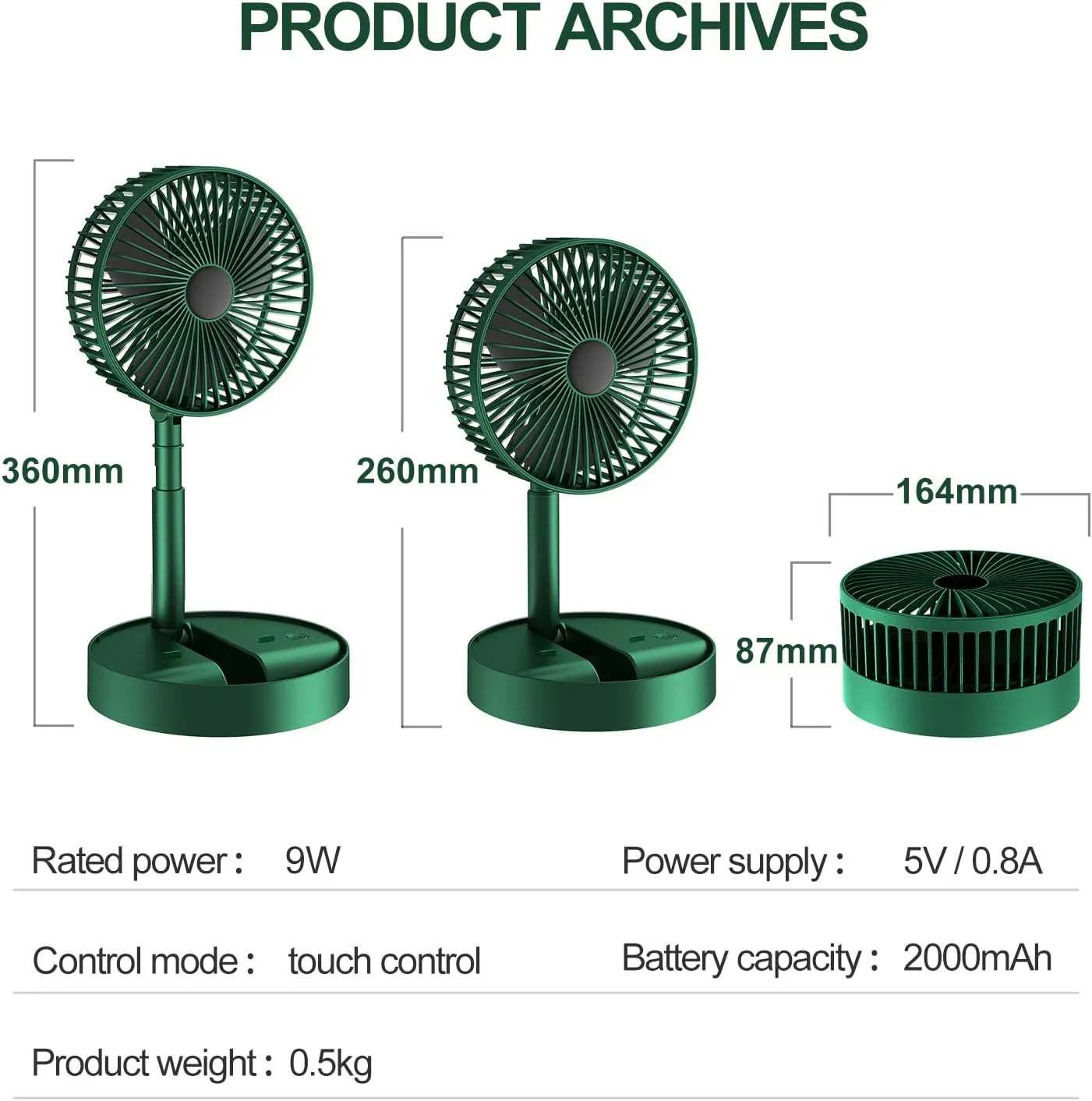 Kawachi Folding Fan Quiet 3- Speed Wind Highly Stretchable Simulated Natural Wind 180 ° Adjustment Battery Powered or USB Powered Home Desk Bedroom Portable Travel Mini Decorative Fan- KAWY-6-Green