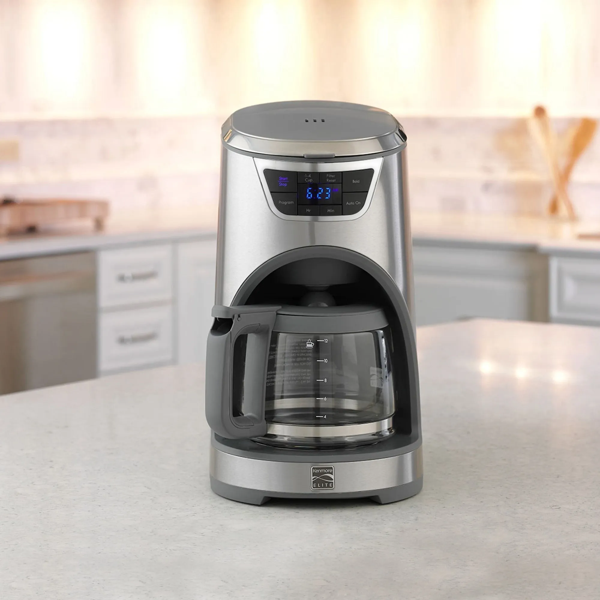 Kenmore Elite Programmable 12-Cup Coffee Maker, Stainless Steel, Aroma Control with Regular or Bold Brew, Removable Water Tank, Digital Display, Timer, Reusable Cone Filter, Charcoal Water Filter