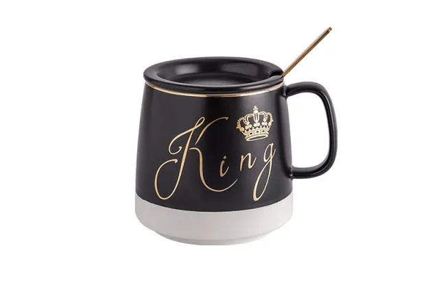 King or Queen Ceramic Coffee-Tea Mug with lid - Outlined in gold with little spoon