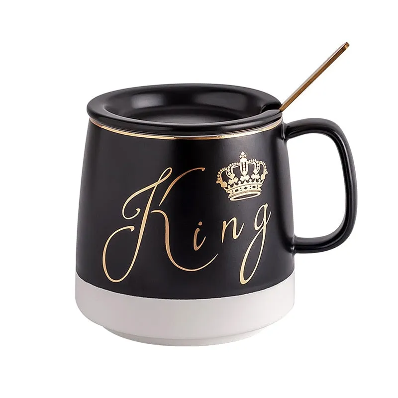 King or Queen Ceramic Coffee-Tea Mug with lid - Outlined in gold with little spoon