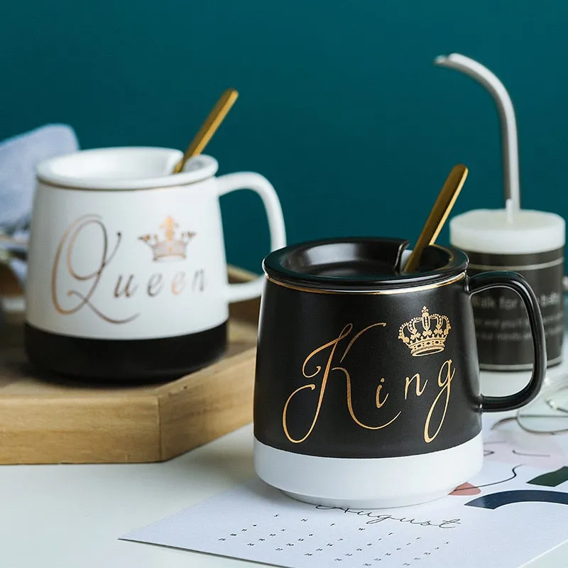 King or Queen Ceramic Coffee-Tea Mug with lid - Outlined in gold with little spoon