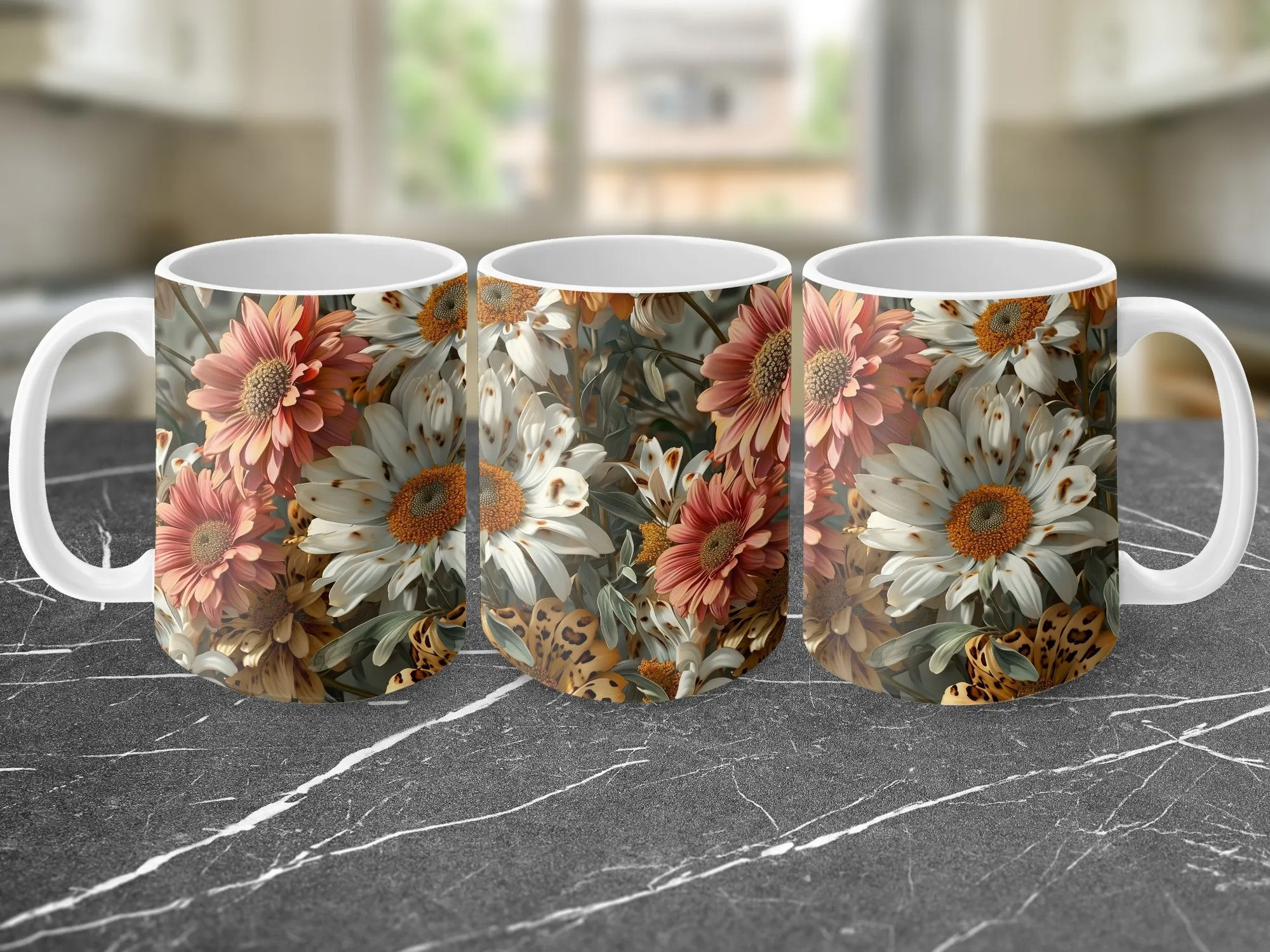 Leopard Print and Daisies Coffee Mug, Flower Mug, Leopard and Daisy, Wildflower Mug Gift for Her, Floral Gifts For Women