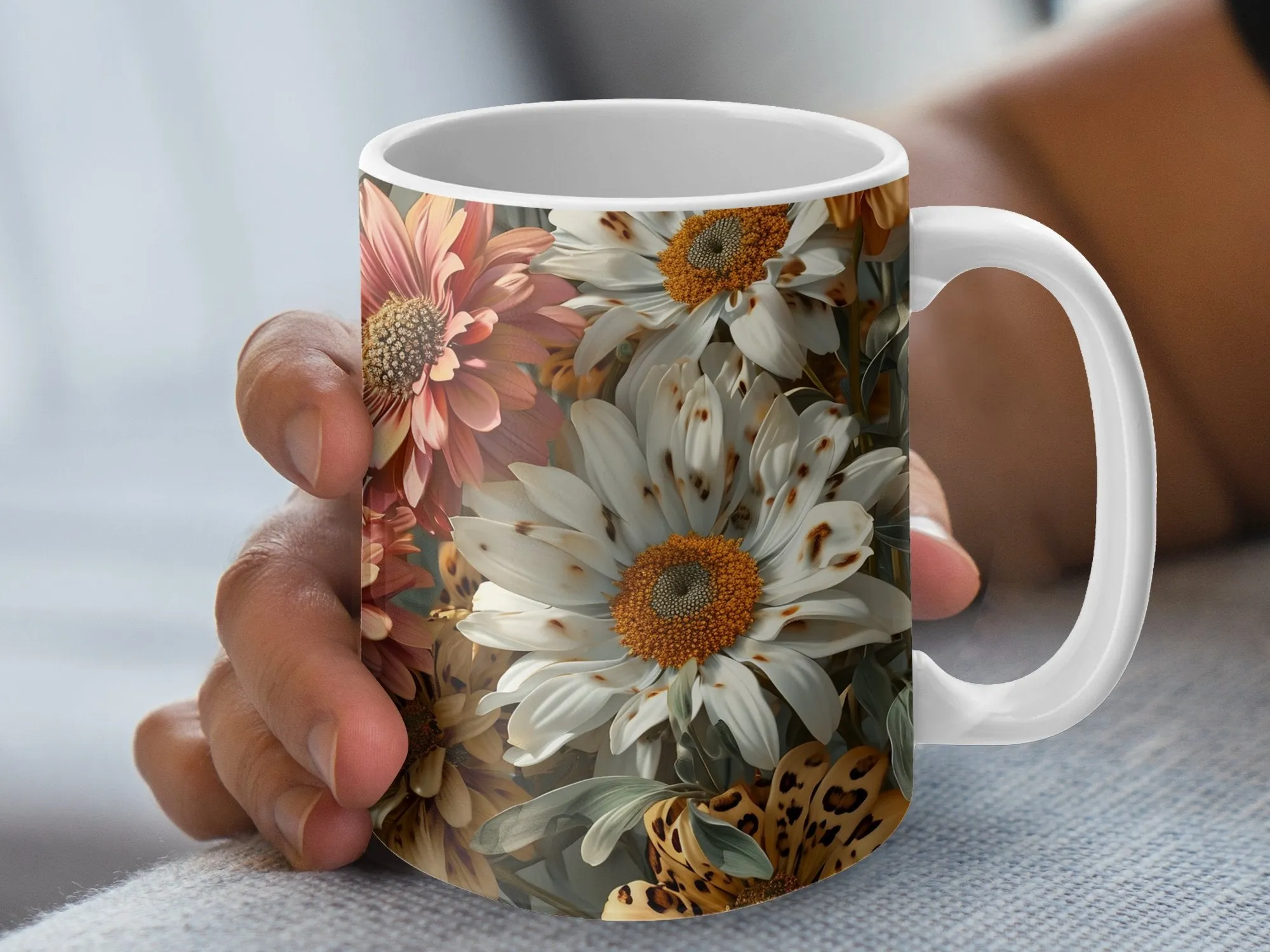 Leopard Print and Daisies Coffee Mug, Flower Mug, Leopard and Daisy, Wildflower Mug Gift for Her, Floral Gifts For Women