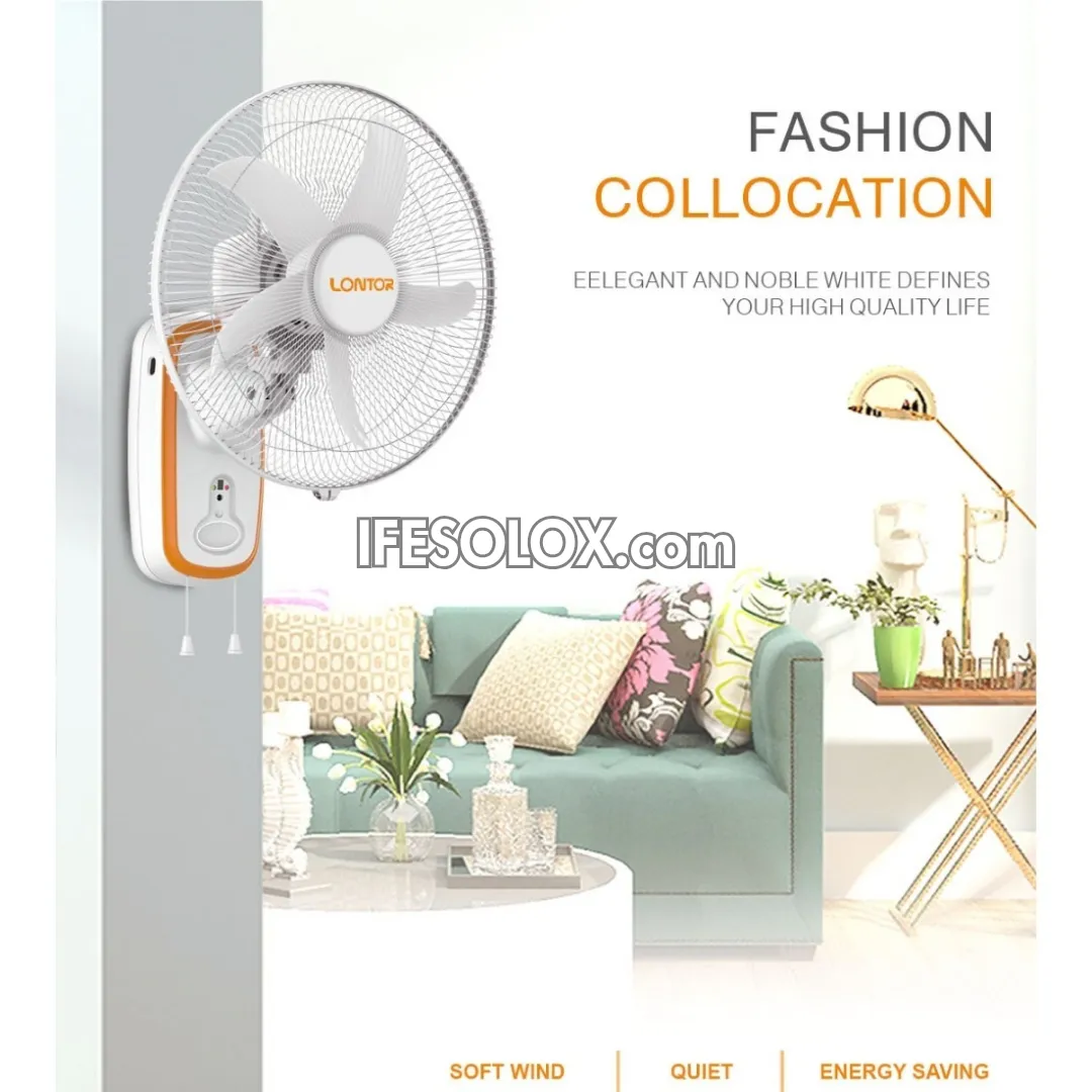 LONTOR 16" Rechargeable Wall Fan with 5-Blades, Remote and Harmonious Night Light (CTL-CF015R-16) - Brand New