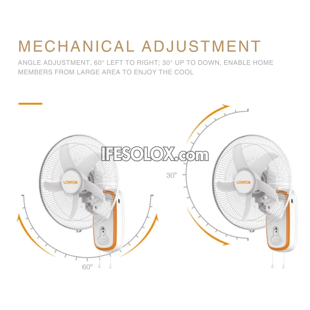 LONTOR 16" Rechargeable Wall Fan with 5-Blades, Remote and Harmonious Night Light (CTL-CF015R-16) - Brand New