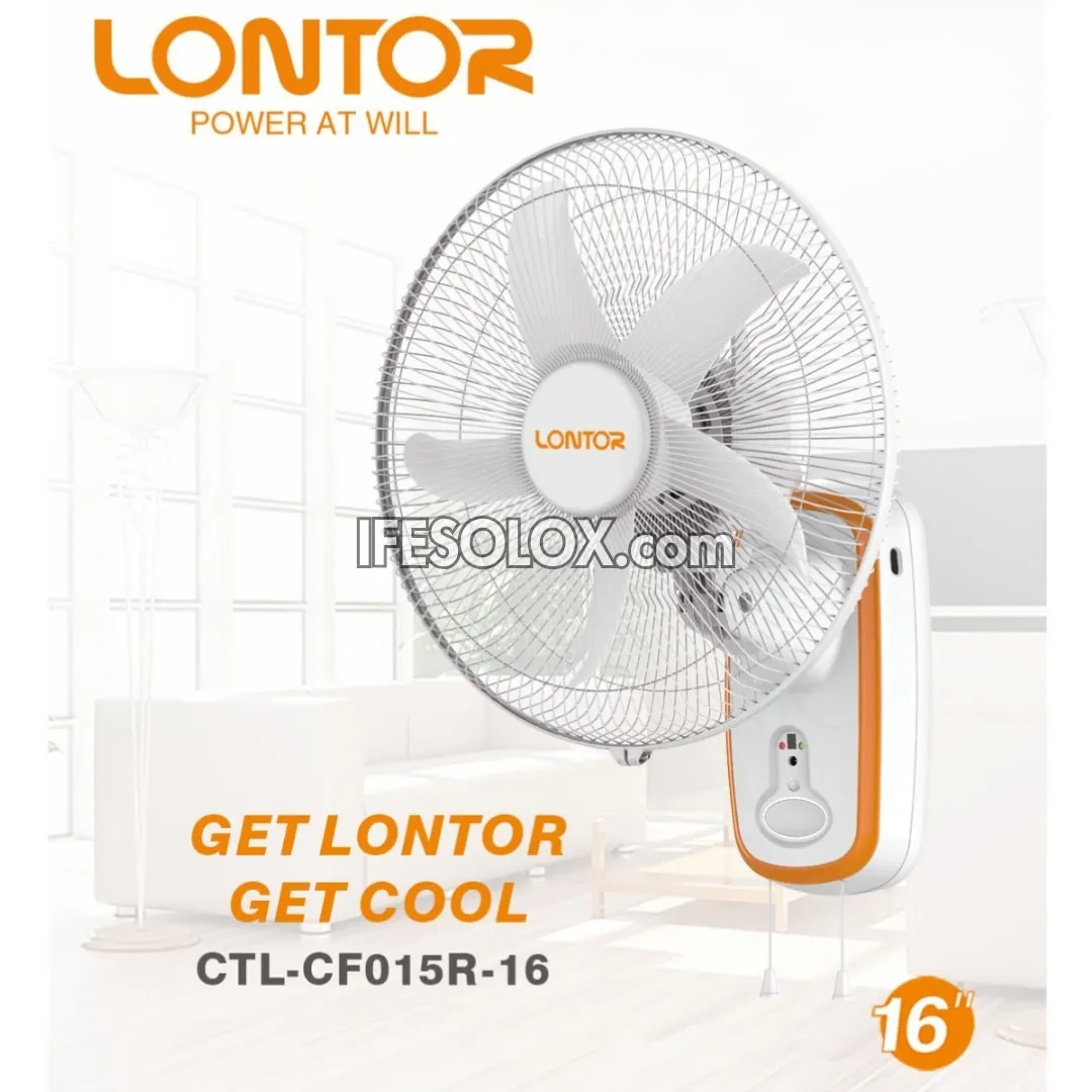 LONTOR 16" Rechargeable Wall Fan with 5-Blades, Remote and Harmonious Night Light (CTL-CF015R-16) - Brand New