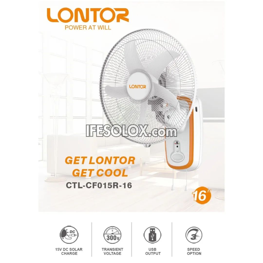 LONTOR 16" Rechargeable Wall Fan with 5-Blades, Remote and Harmonious Night Light (CTL-CF015R-16) - Brand New