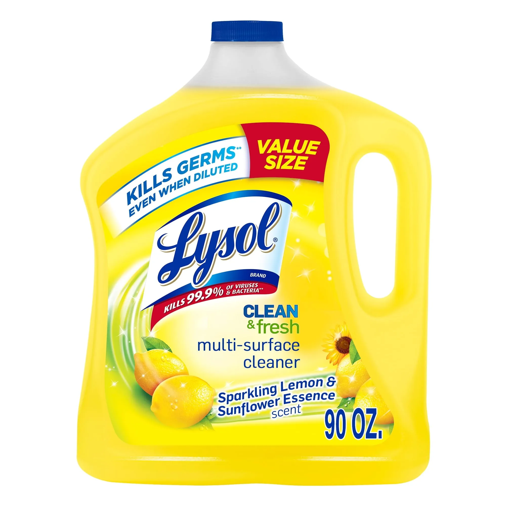 Lysol Multi-Surface Cleaner, Sanitizing and Disinfecting Pour, to Clean and Deodorize, Sparkling Lemon and Sunflower Essence, 90 Fl Oz.