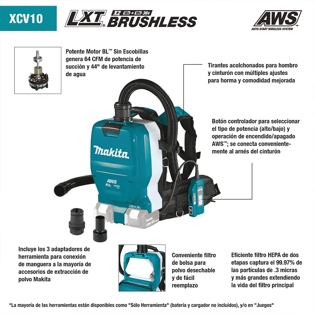 Makita XCV10PTX 18V x2 36V LXT 1/2 Gallon Backpack Dry Dust Extractor Kit